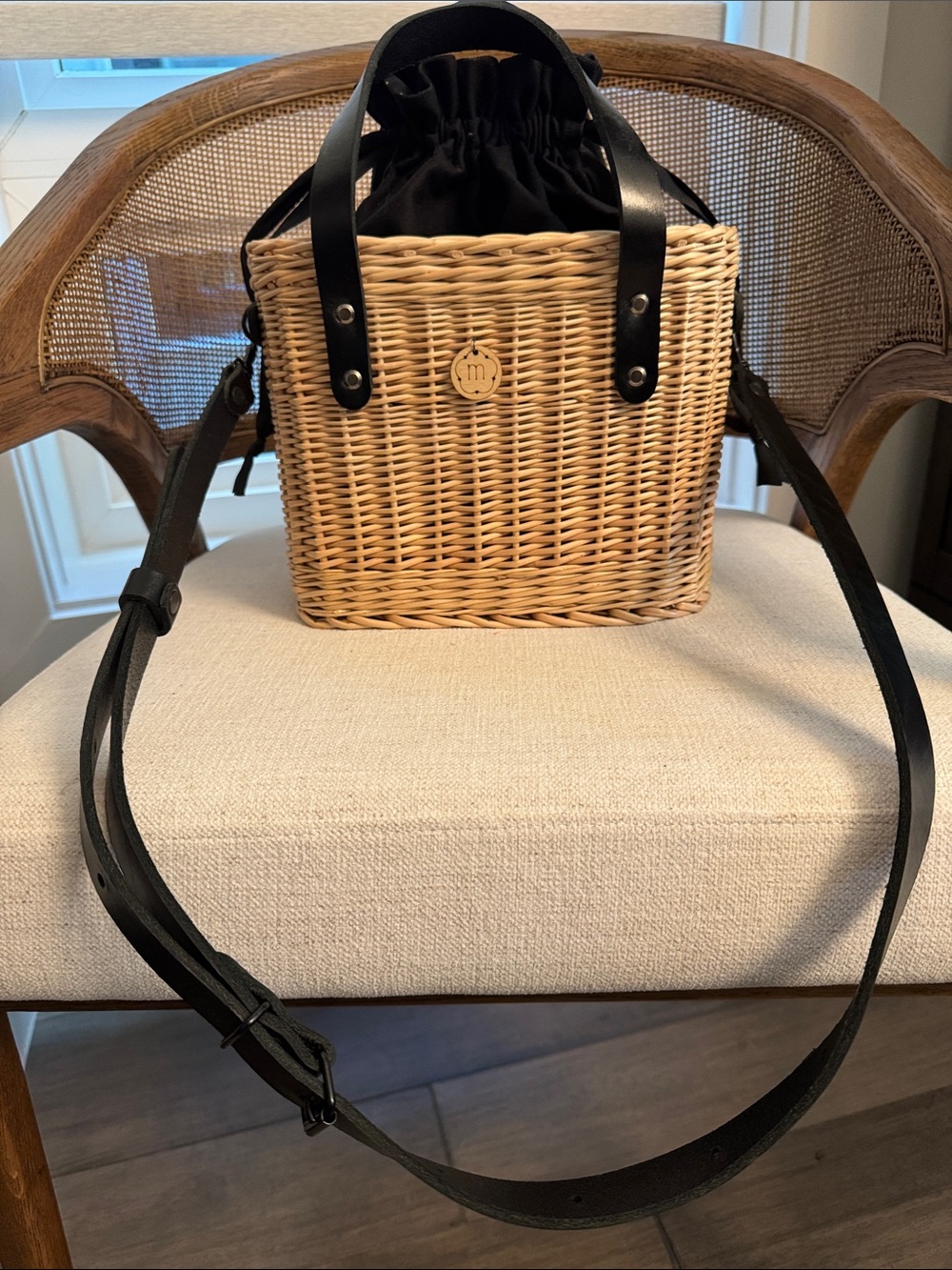 Woven Rattan Bucket Bag with Black Leather Trim